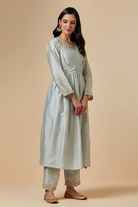 Anantaa By Roohi_Grey Silk Chanderi Floral Round Gathered Kurta _Online_at_Aza_Fashions