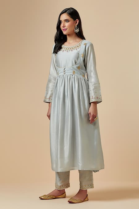 Buy_Anantaa By Roohi_Grey Silk Chanderi Floral Round Gathered Kurta _Online_at_Aza_Fashions