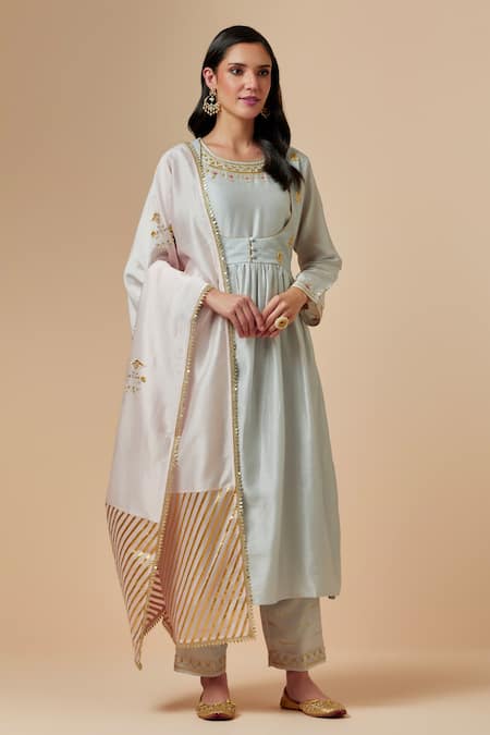 Shop_Anantaa By Roohi_Grey Silk Chanderi Floral Round Gathered Kurta _Online_at_Aza_Fashions