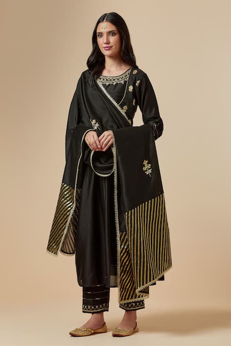 Shop_Anantaa By Roohi_Black Silk Chanderi Floral Round Gathered Kurta _Online_at_Aza_Fashions