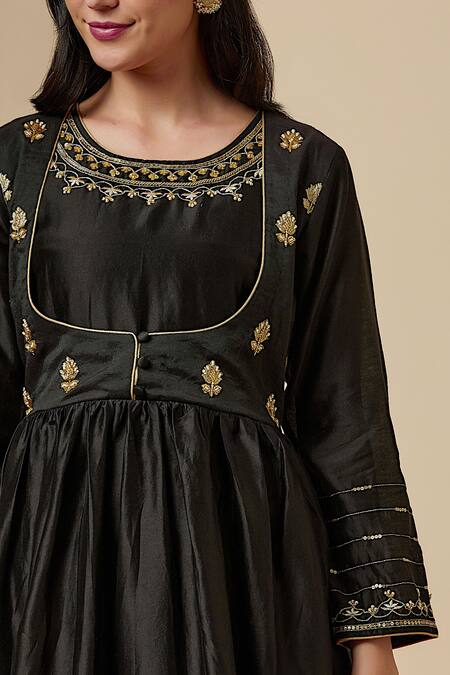 Anantaa By Roohi_Black Silk Chanderi Floral Round Gathered Kurta _at_Aza_Fashions