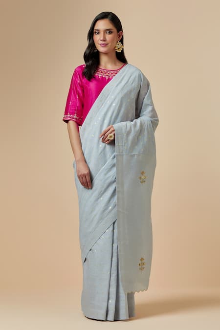 Anantaa By Roohi_Fuchsia Silk Chanderi Floral Round Blouse _Online_at_Aza_Fashions