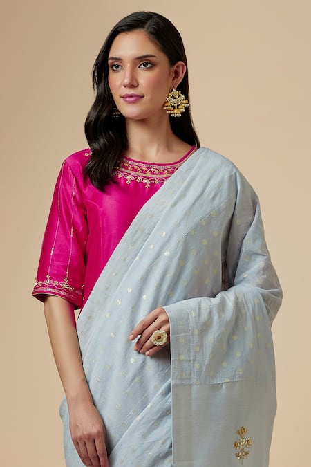 Buy_Anantaa By Roohi_Fuchsia Silk Chanderi Floral Round Blouse _Online_at_Aza_Fashions