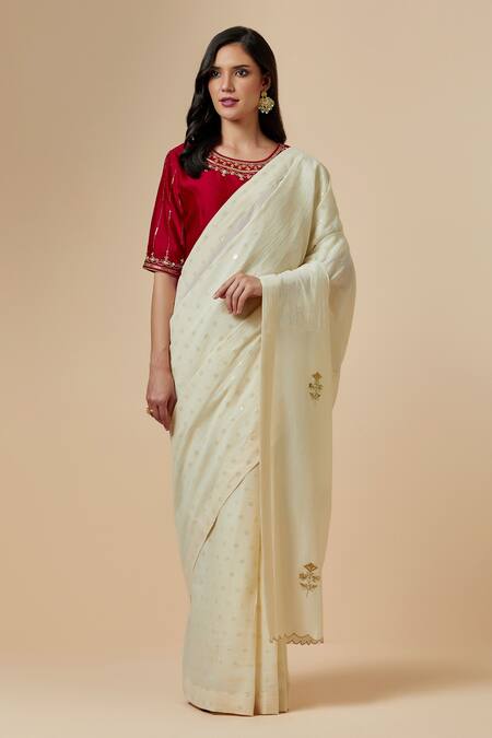 Anantaa By Roohi_Red Silk Chanderi Floral Round Blouse _Online_at_Aza_Fashions