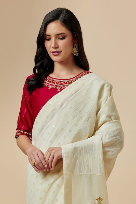 Buy_Anantaa By Roohi_Red Silk Chanderi Floral Round Blouse _Online_at_Aza_Fashions