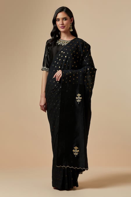 Anantaa By Roohi_Black Silk Chanderi Floral Round Blouse _Online_at_Aza_Fashions