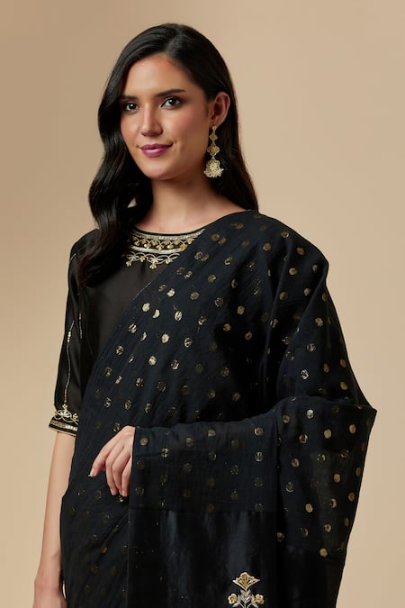 Buy_Anantaa By Roohi_Black Silk Chanderi Floral Round Blouse _Online_at_Aza_Fashions