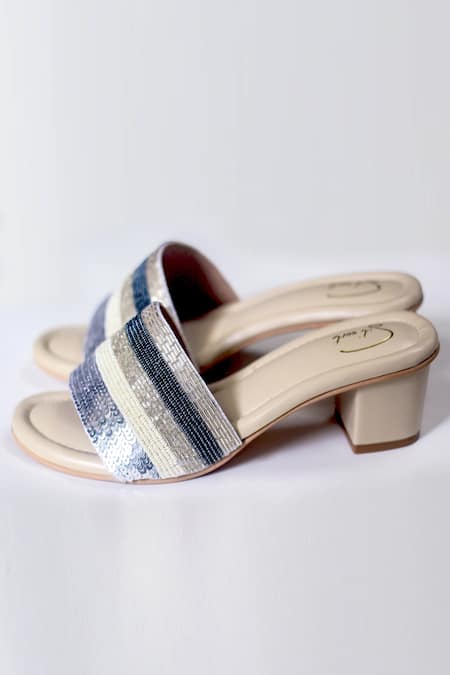 Soleart_White Embroidery Streak Block Heels_Online_at_Aza_Fashions