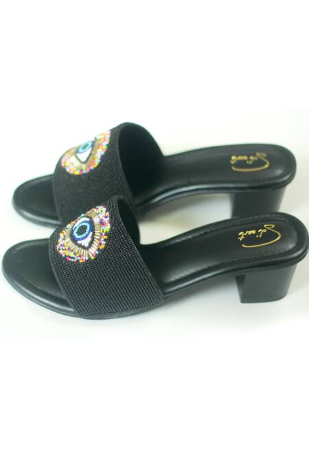 Soleart_Black Embroidered Evil Eye Block Heels_Online_at_Aza_Fashions