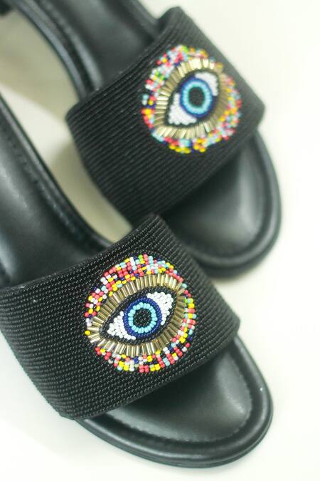 Shop_Soleart_Black Embroidered Evil Eye Block Heels_Online_at_Aza_Fashions