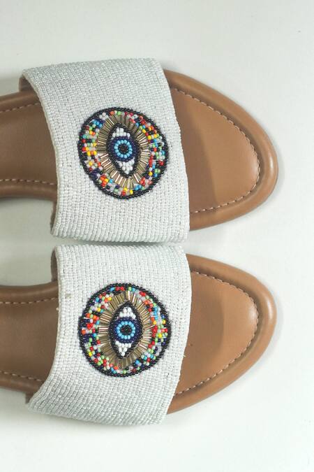 Shop_Soleart_White Embroidered Evil Eye Block Heels_Online_at_Aza_Fashions