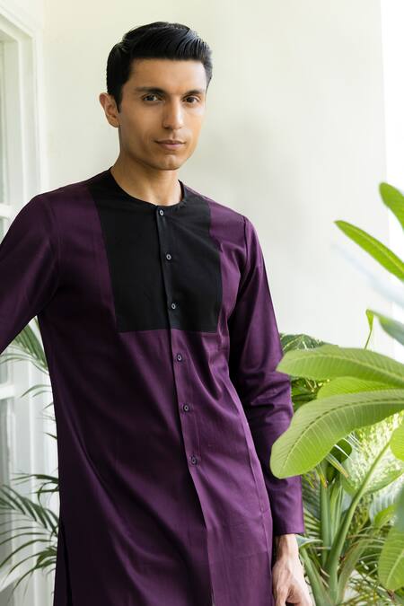Armen & CO_Purple Cotton Plain Color Block Short Kurta_Online_at_Aza_Fashions