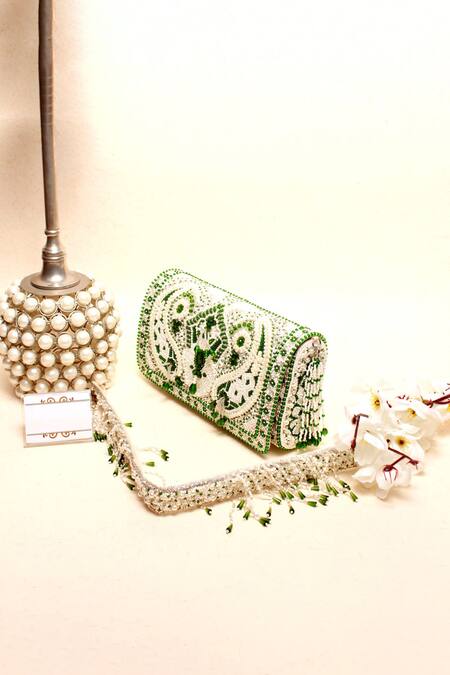 Kainiche By Mehak_White Paisley Embellished Clutch Bag _Online_at_Aza_Fashions