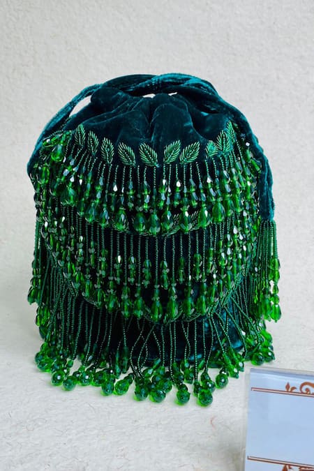 Kainiche By Mehak_Green Velvet Pearl Embroidered Potli _Online_at_Aza_Fashions