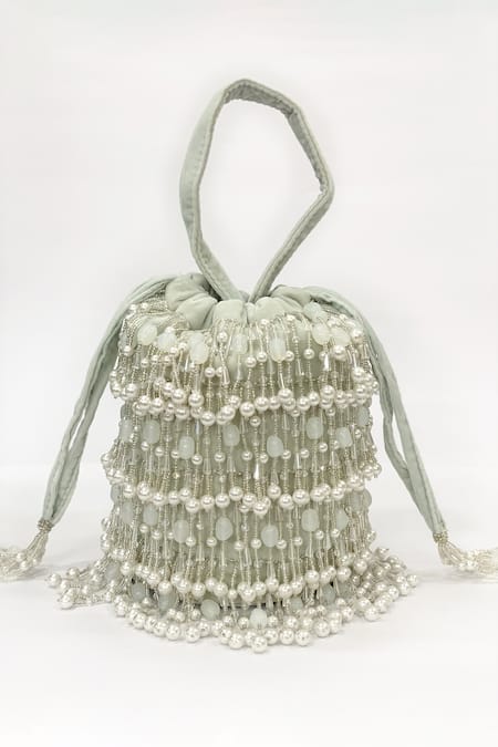 Kainiche By Mehak_White Velvet Pearl Embellished Potli _Online_at_Aza_Fashions