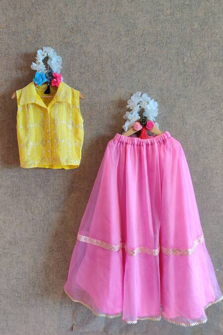 Buy_Little Secrets_Pink Chanderi, Organza Sequins, Embroidery Lehenga And Top Set _Online_at_Aza_Fashions