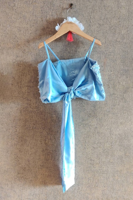 Shop_Little Secrets_Blue Net, Georgette Embroidery, Sequins Lotus Print Skirt And Top Set _at_Aza_Fashions