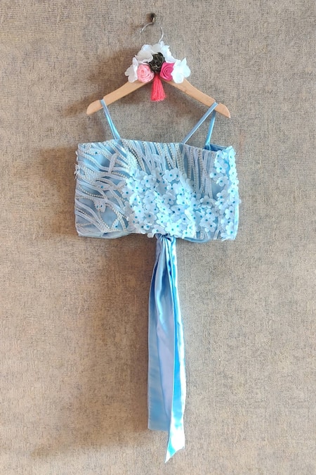 Little Secrets_Blue Net, Georgette Embroidery, Sequins Lotus Print Skirt And Top Set _Online_at_Aza_Fashions