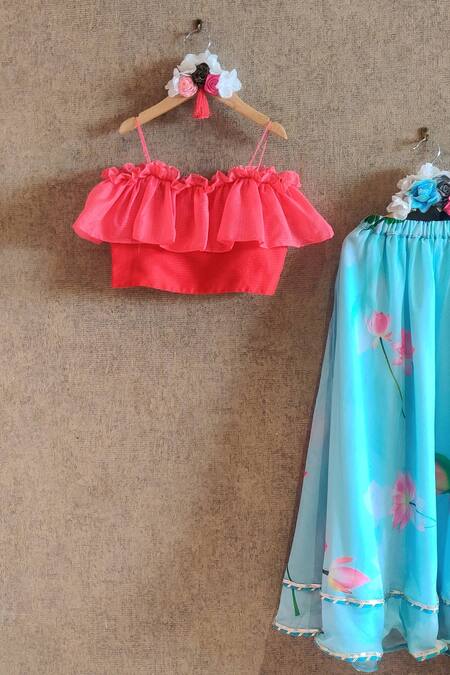 Little Secrets_Blue Georgette, Chanderi Lotus Print Skirt And Frill Top Set _Online_at_Aza_Fashions
