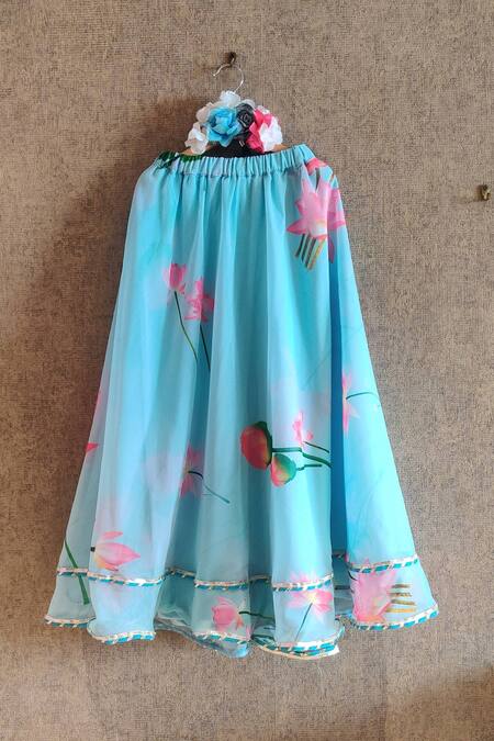 Buy_Little Secrets_Blue Georgette, Chanderi Lotus Print Skirt And Frill Top Set _Online_at_Aza_Fashions
