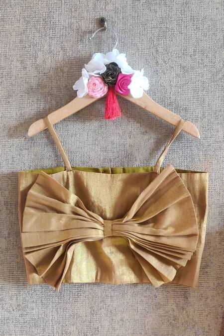 Little Secrets_Red , Satin, Silk Lace Bandhani Skirt And Bow Top Set _Online_at_Aza_Fashions