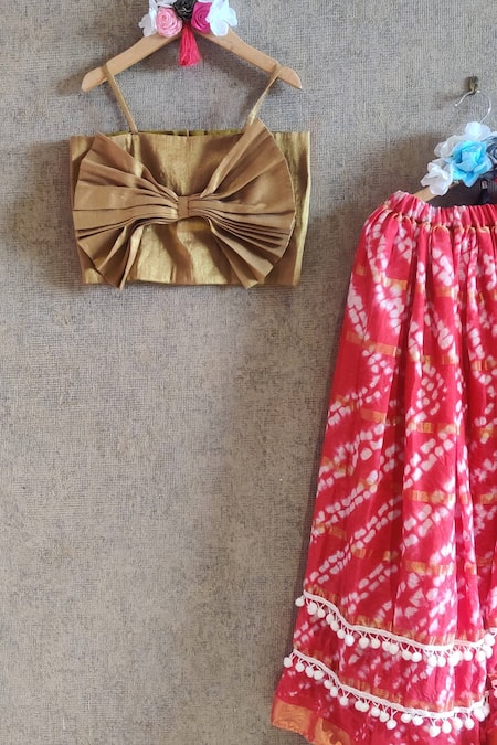 Buy_Little Secrets_Red , Satin, Silk Lace Bandhani Skirt And Bow Top Set _Online_at_Aza_Fashions
