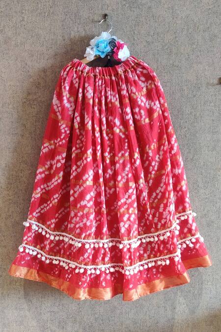 Shop_Little Secrets_Red , Satin, Silk Lace Bandhani Skirt And Bow Top Set _Online_at_Aza_Fashions
