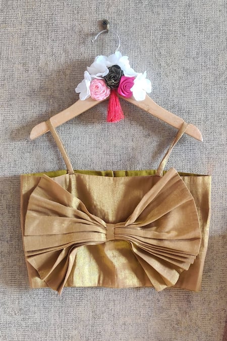 Little Secrets_Pink Organza, Cotton, Silk Gota Patti Skirt And Bow Top Set _Online_at_Aza_Fashions