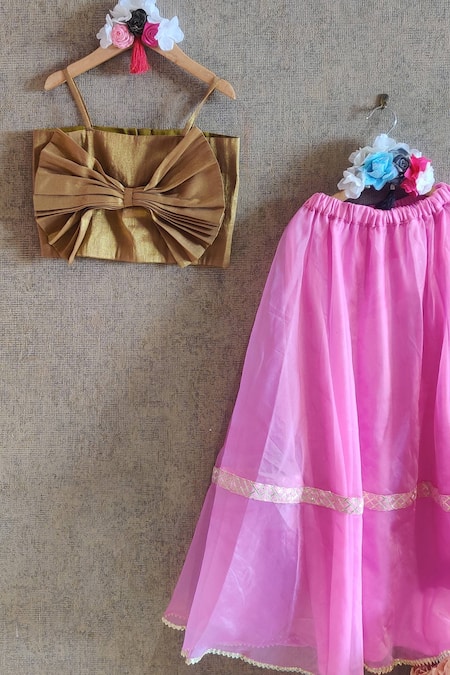 Buy_Little Secrets_Pink Organza, Cotton, Silk Gota Patti Skirt And Bow Top Set _Online_at_Aza_Fashions