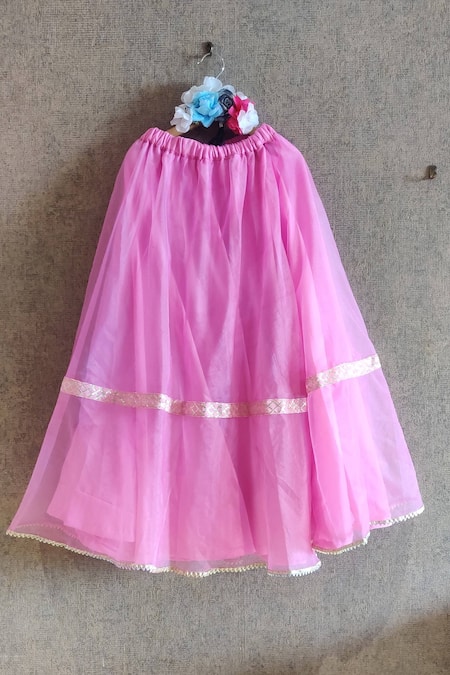 Shop_Little Secrets_Pink Organza, Cotton, Silk Gota Patti Skirt And Bow Top Set _Online_at_Aza_Fashions