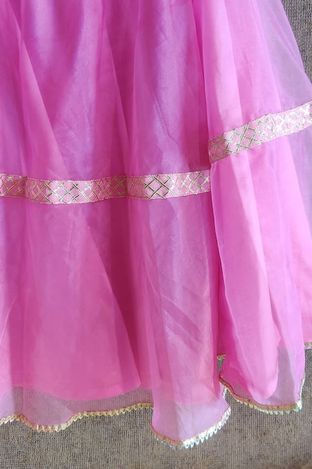 Little Secrets_Pink Organza, Cotton, Silk Gota Patti Skirt And Bow Top Set _at_Aza_Fashions
