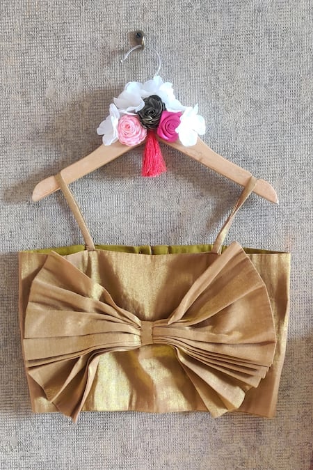 Little Secrets_Green Organza, Cotton Skirt And Bow Top Set _Online_at_Aza_Fashions