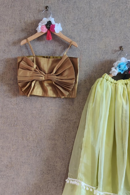 Buy_Little Secrets_Green Organza, Cotton Skirt And Bow Top Set _Online_at_Aza_Fashions