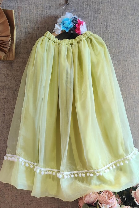 Shop_Little Secrets_Green Organza, Cotton Skirt And Bow Top Set _Online_at_Aza_Fashions