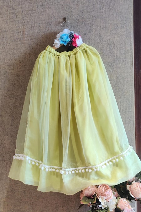 Little Secrets_Green Organza, Cotton Skirt And Bow Top Set _at_Aza_Fashions