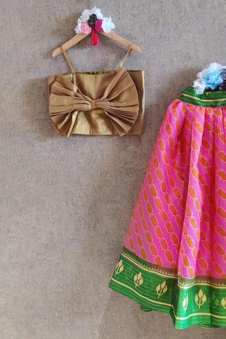 Buy_Little Secrets_Pink Chanderi , Bows Printed Skirt And Top Set _Online_at_Aza_Fashions