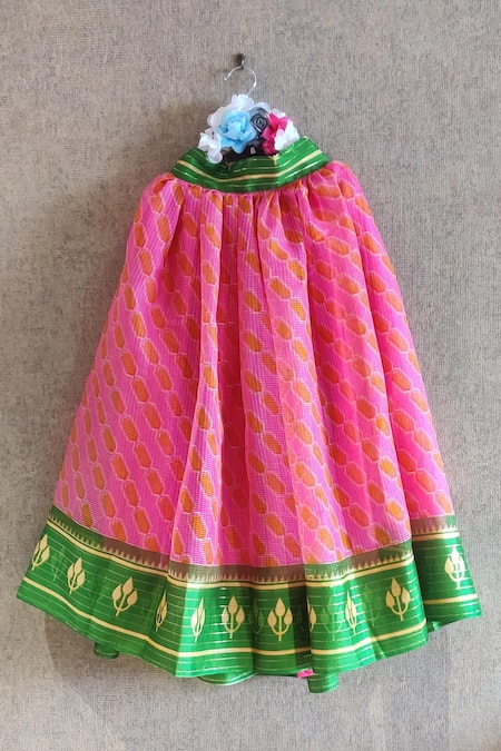 Shop_Little Secrets_Pink Chanderi , Bows Printed Skirt And Top Set _Online_at_Aza_Fashions