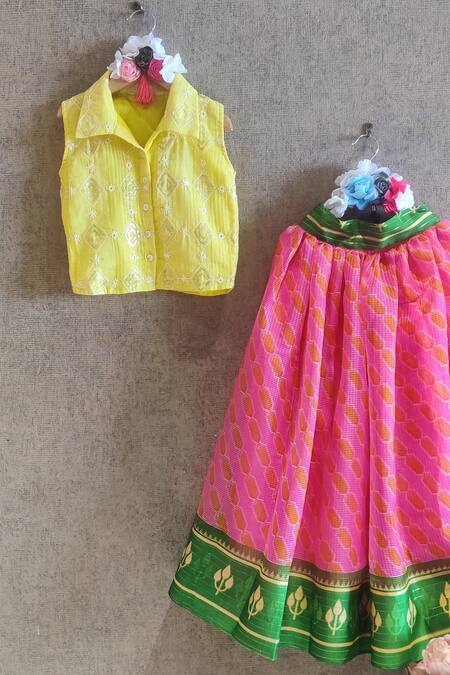 Little Secrets_Pink Cotton, Chanderi Embroidery Printed Lehenga And Top Set _Online_at_Aza_Fashions
