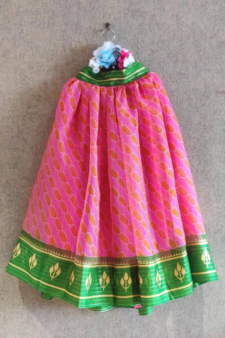 Buy_Little Secrets_Pink Cotton, Chanderi Embroidery Printed Lehenga And Top Set _Online_at_Aza_Fashions