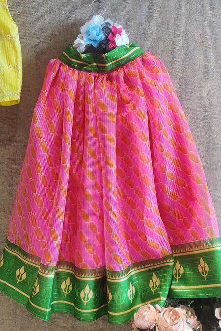 Shop_Little Secrets_Pink Cotton, Chanderi Embroidery Printed Lehenga And Top Set _Online_at_Aza_Fashions