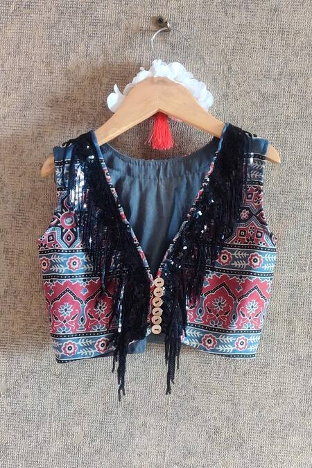 Shop_Little Secrets_Blue Cotton Fringe, Embroidery Top And Printed Lehenga Set _at_Aza_Fashions