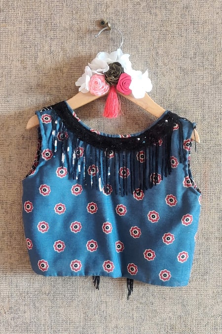 Little Secrets_Blue Cotton Fringe, Embroidery Top And Printed Lehenga Set _Online_at_Aza_Fashions