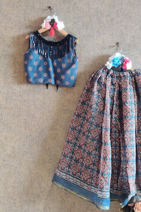 Buy_Little Secrets_Blue Cotton Fringe, Embroidery Top And Printed Lehenga Set _Online_at_Aza_Fashions