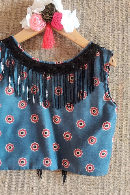 Shop_Little Secrets_Blue Cotton Fringe, Embroidery Top And Printed Lehenga Set _Online_at_Aza_Fashions