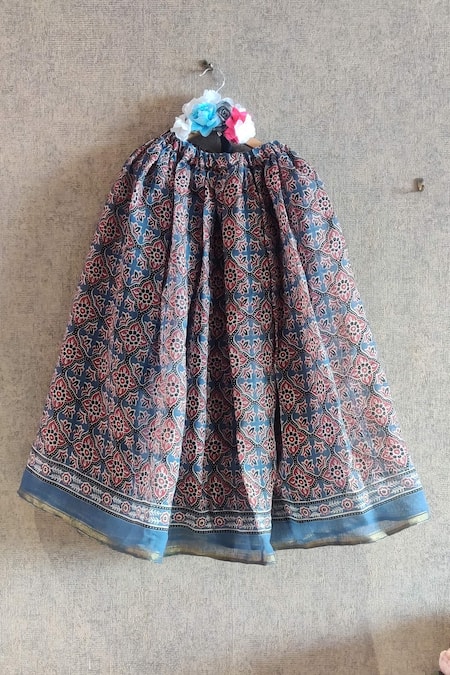 Little Secrets_Blue Cotton Fringe, Embroidery Top And Printed Lehenga Set _at_Aza_Fashions
