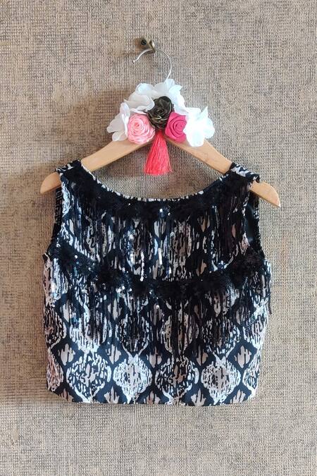 Buy_Little Secrets_Black Crepe Fringe Top And Printed Sharara Set _Online_at_Aza_Fashions