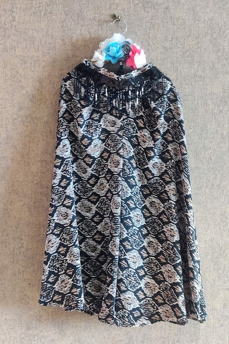 Shop_Little Secrets_Black Crepe Fringe Top And Printed Sharara Set _Online_at_Aza_Fashions