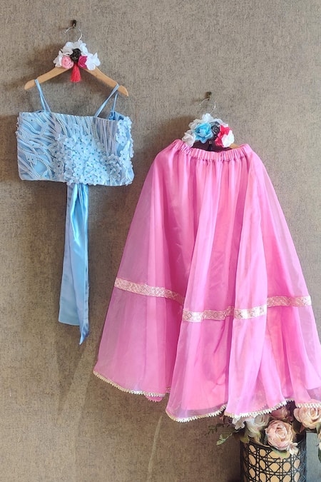 Buy_Little Secrets_Pink Organza, Net Gota Patti, Cut Work, Embroidery Skirt And Crop Top Set _Online_at_Aza_Fashions