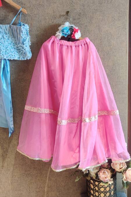 Little Secrets_Pink Organza, Net Gota Patti, Cut Work, Embroidery Skirt And Crop Top Set _at_Aza_Fashions