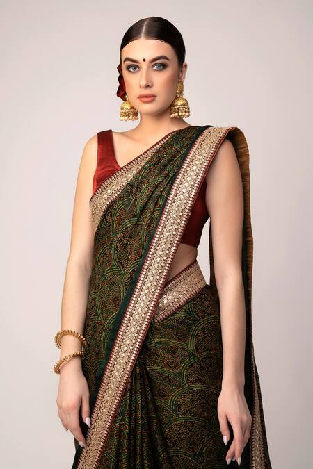 Joy Mitra_Green Modal Ajrakh Print Saree With Blouse_Online_at_Aza_Fashions